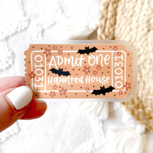 Clear Haunted House Admit One Sticker, 2.7x1.5 in.