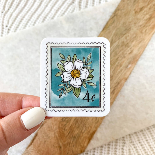 Teal Blue Floral Stamp Sticker 2x1.75in