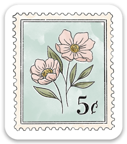 Light Blue Floral Stamp Sticker 2x1.75in