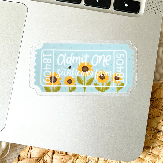 Clear Sunflower Farm Admit One Sticker, 2.7x1.5 in.